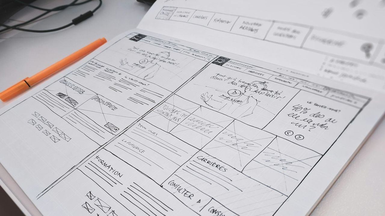 Hand-drawn website wireframe sketched on paper