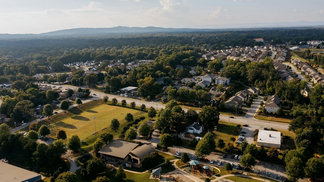 Aerial view of a suburban neighborhood