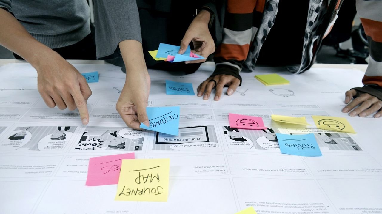 Team brainstorming ad ideas with sticky notes