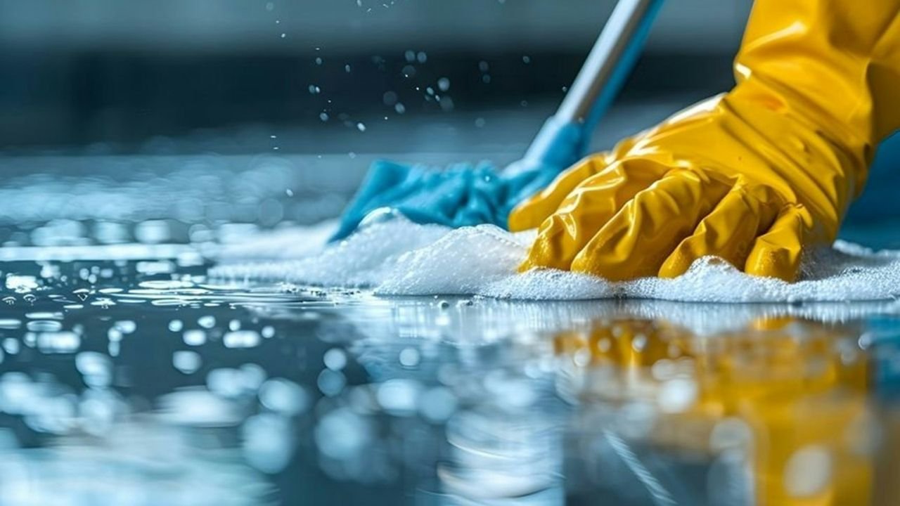 Professional cleaner in gloves cleaning a floor