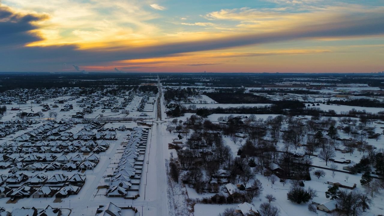 Snow-covered suburban neighborhood in winter